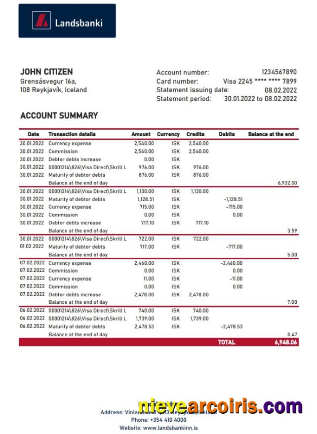 Iceland Landsbankinn bank statement XLS